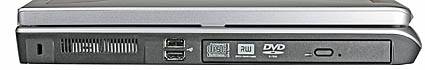 Left side, from left to right: security cable slot, air intake, 2 USB 2.0 ports, CD/DVD drive
